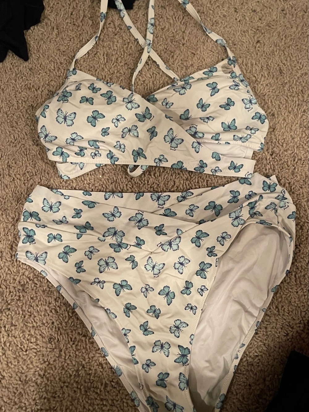 PINK Victoria's Secret Cream Bikini Set with Blue Butterfly Print